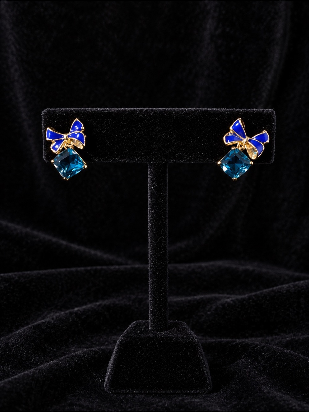Gold Bow Earrings with Blue Enamel and Teal Crystal Drops